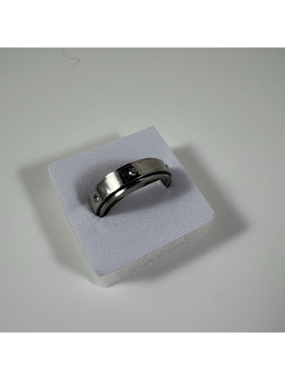 Stainless Steel Silver-Tone Band Ring With Crystal Accents